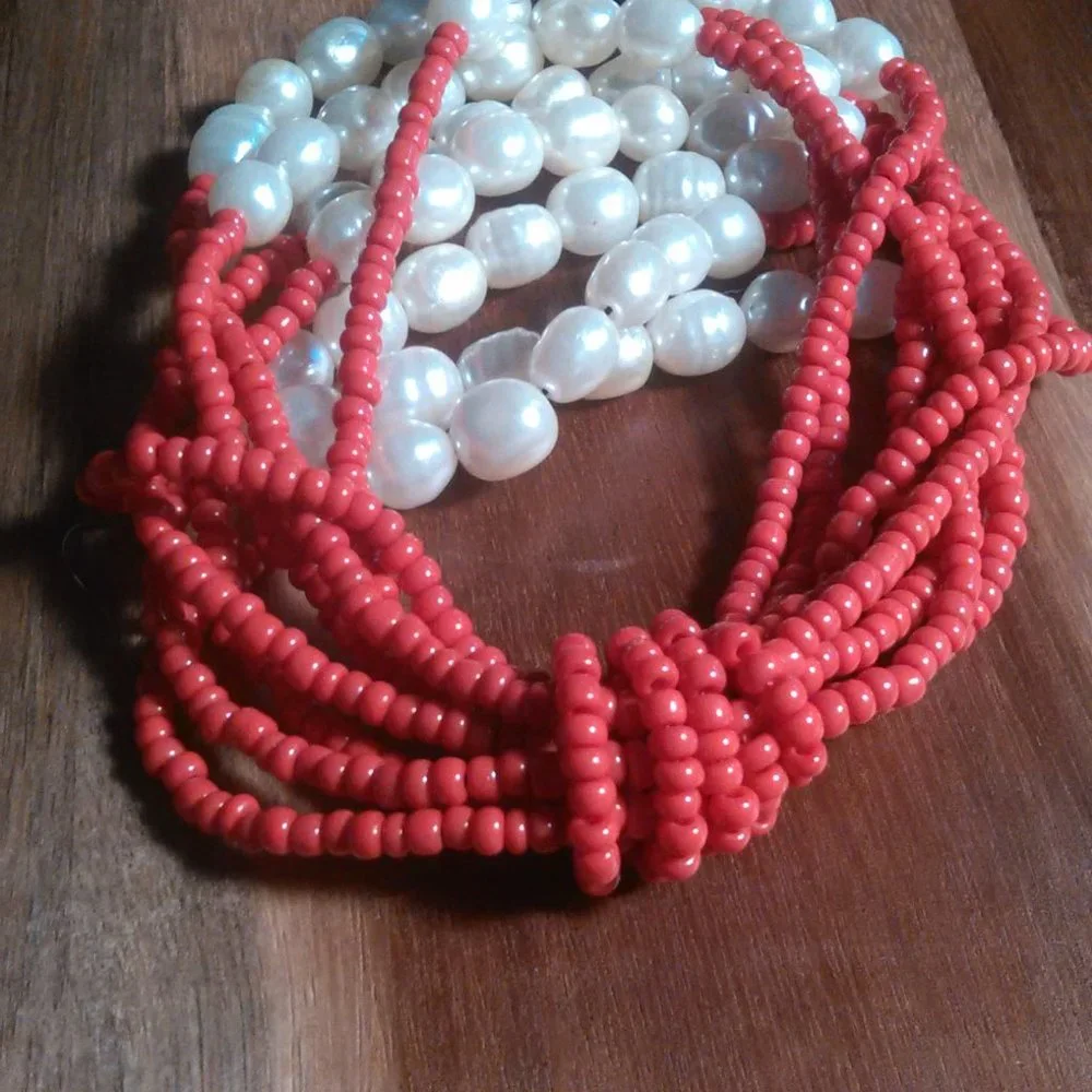 Red Seed Bead and Faux Pearl Multi-Strand Stretch Bracelet